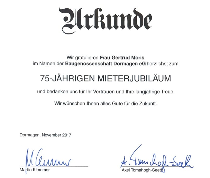 Urkunde-Gertrud Moris